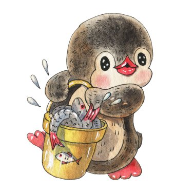 Beyaz arka planda izole edilmiş balıklı komik penguenli kış çizimi. Suluboya ve mürekkeple çizim. 