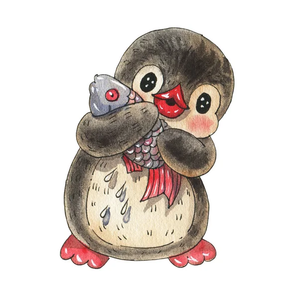 Illustrazione Invernale Con Divertente Pinguino Cartone Animato Con Pesci Isolati — Foto Stock