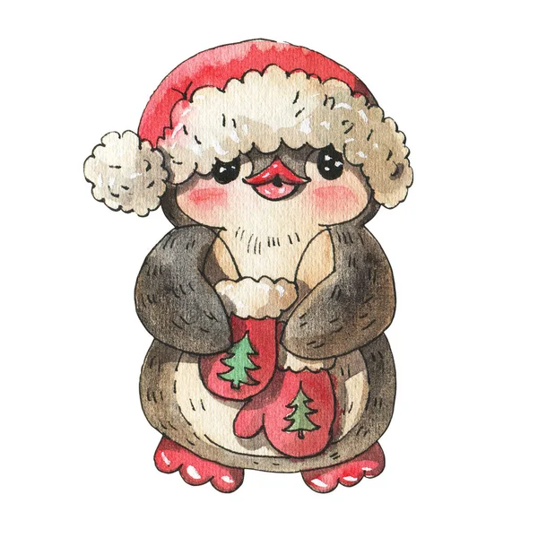 Vinter Illustration Med Roliga Tecknade Pingvin Santa Hatten Isolerad Vit — Stockfoto