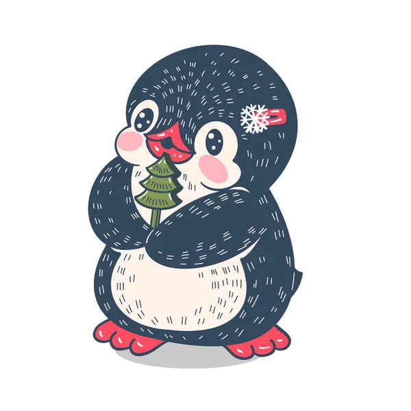 Kış illüstrasyonu. Oyuncak ağaççısı olan komik penguen çizgi filmi. Vektör.