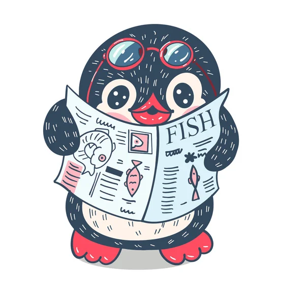 Illustrazione Invernale Divertente Pinguino Cartone Animato Con Giornale Vettore — Vettoriale Stock