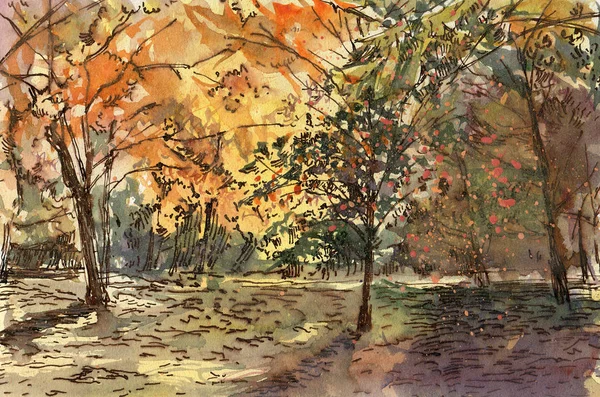 Jesienny Krajobraz Rysunek Akwareli Ilustracja Ręcznie Rysowana — Zdjęcie stockowe