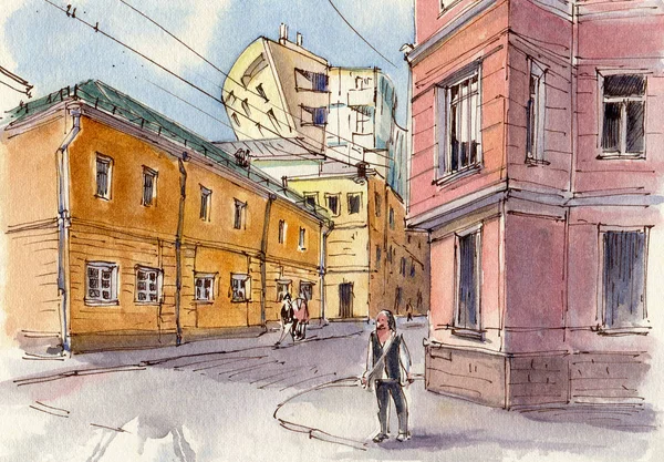 Városi Táj Vázlatos Tinta Akvarell Kézzel Rajzolt Illusztráció — Stock Fotó