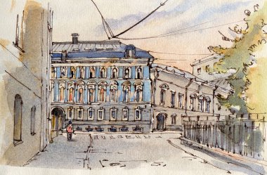 Şehir manzarası. Mürekkep ve suluboya. El çizimi illüstrasyon.