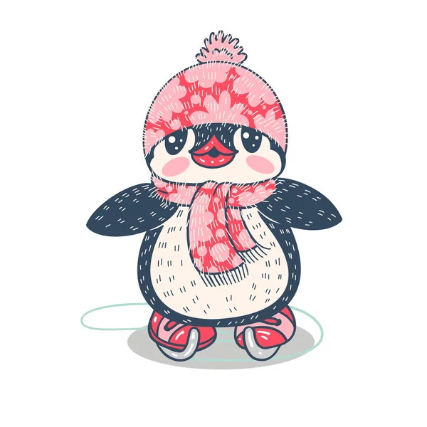 Ilustración Invierno Con Divertido Pingüino Dibujos Animados Patines Vector — Vector de stock