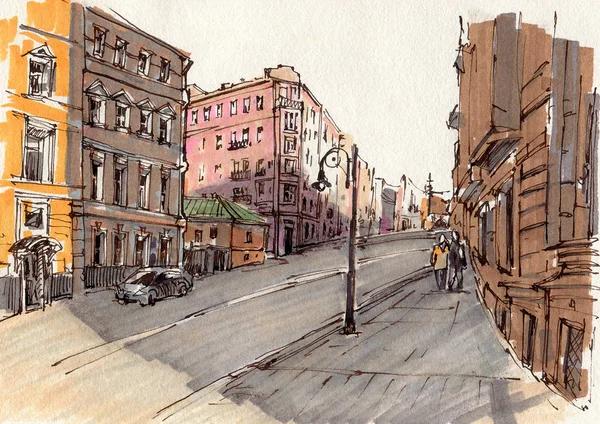 City Landscape Sketch Ink Markers Hand Drawn Illustration — ストック写真