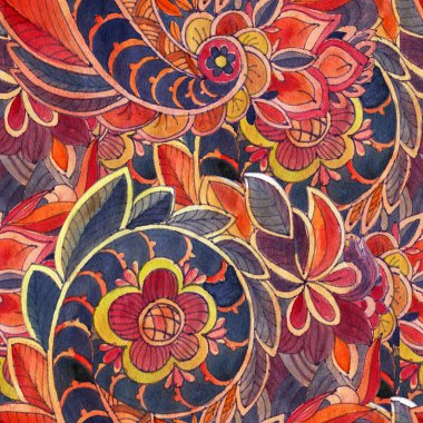 Çok renkli Paisley desenli kusursuz desen. Suluboya çizimi.