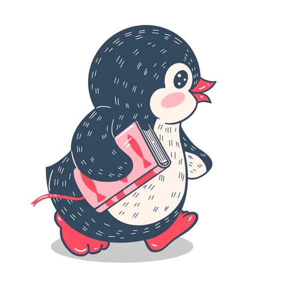 Funny Cartoon Penguin Skis Book Vector Illustration — ストックベクタ
