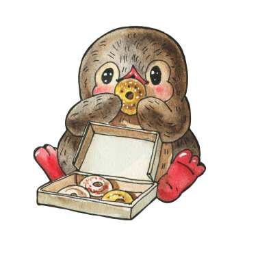 Kış illüstrasyonu. Donutlu komik penguen çizgi filmi, beyaz arka planda izole edilmiş. Suluboya ve mürekkeple çizim. 