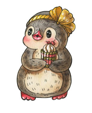 Kış illüstrasyonu. Beyaz arka planda izole edilmiş pastası olan komik penguen çizgi filmi. Suluboya ve mürekkeple çizim. 