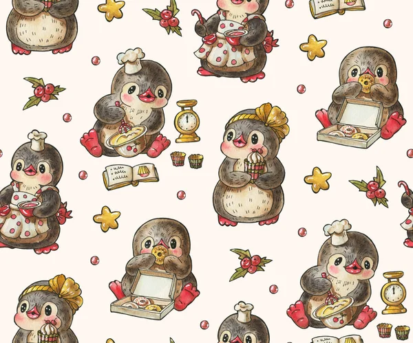 Bezproblémový Vzor Roztomilými Tučňáky Ručně Kreslená Kresba Akvarelem Inkoustem — Stock fotografie