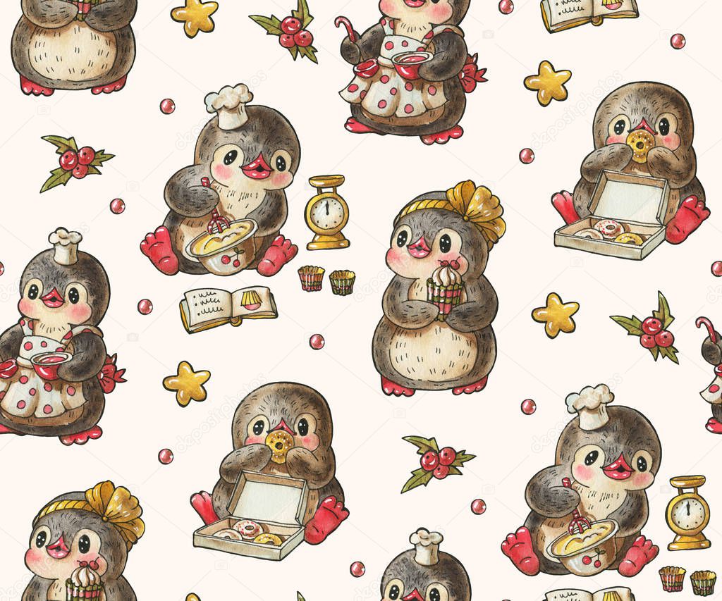 Seamless pattern with cute penguins.  Hand-drawn drawing with watercolor and ink.
