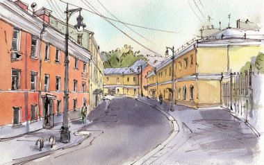 Şehir manzarası. Mürekkep ve suluboya. El çizimi illüstrasyon.