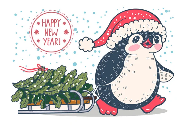 Ilustración Invierno Divertido Pingüino Dibujos Animados Con Árbol Navidad Trineo — Vector de stock