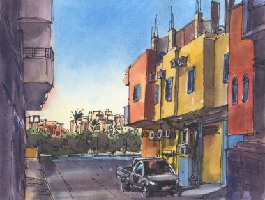Şehir manzarası. Mısır. Suluboyalı bir eskiz. El çizimi illüstrasyon.