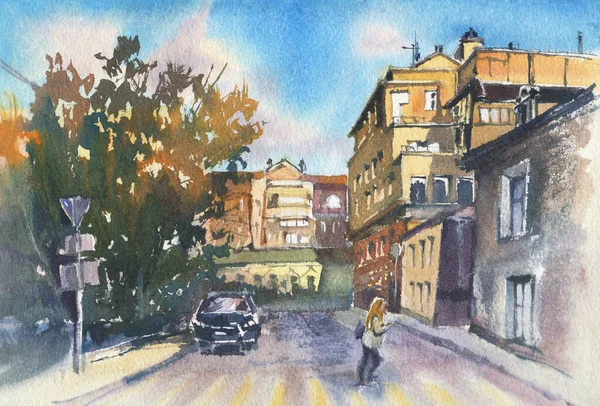 City landscape.  A sketch with watercolor. Hand-drawn illustration.