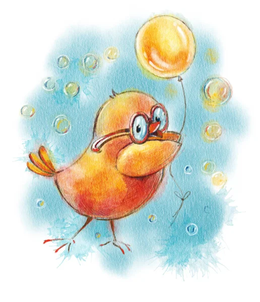 Leuke Tekenfilm Vogel Met Bril Een Ballon Aquarel Schilderstuk — Stockfoto