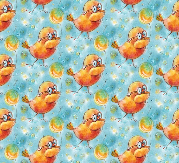 Cute cartoon birds with glasses and a balloon. Seamless pattern.  The watercolor drawing