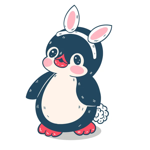 Ilustrasi Musim Dingin Penguin Kartun Lucu Dengan Kostum Bunny Vektor - Stok Vektor