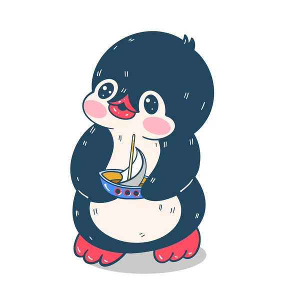 Ilustração Verão Pinguim Desenho Animado Engraçado Com Barco Brinquedo Vetor — Vetor de Stock