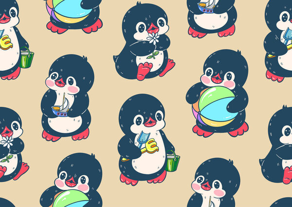 Seamless pattern with cute penguins. Hand-drawn illustration. Vector.