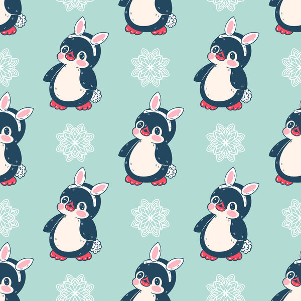 Seamless pattern with cute penguins in a Bunny costume. Hand-drawn illustration. Vector.