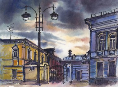 Şehir manzarası. Mürekkep ve suluboya. El çizimi illüstrasyon.