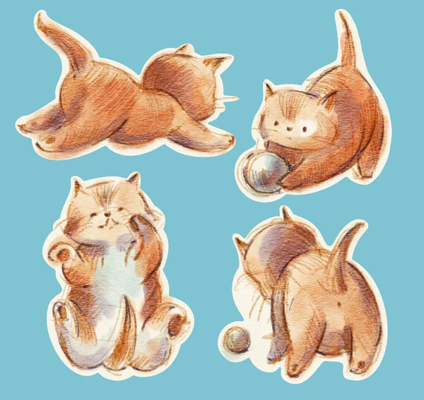 Egy Rakás Matrica Cuki Vörös Macskákkal Rajz Ceruzával Akvarellekkel — Stock Fotó