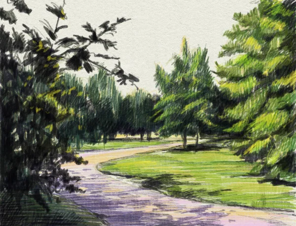 Paesaggio Estivo Parco Cittadino Disegno Con Matite Colorate Illustrazione Disegnata — Foto Stock