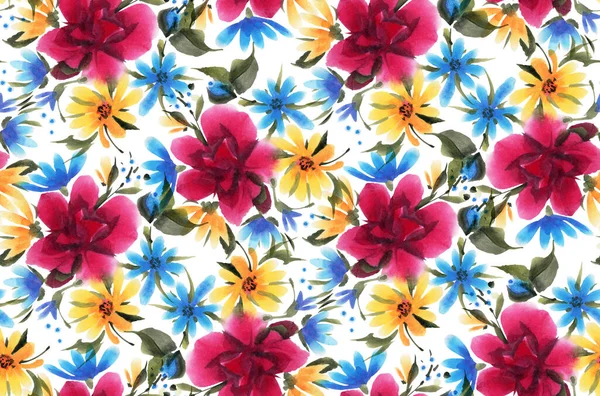 Patrón Sin Costuras Con Flores Acuarela Ilustración Dibujada Mano —  Fotos de Stock