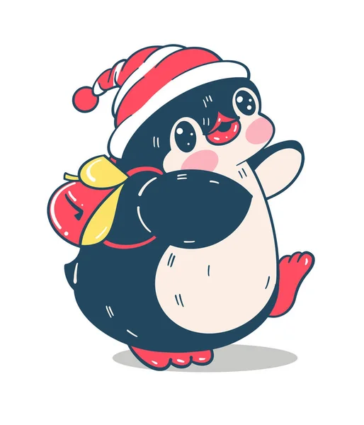 Zimní Ilustrace Vtipný Kreslený Tučňák Batohem Vektor — Stockový vektor