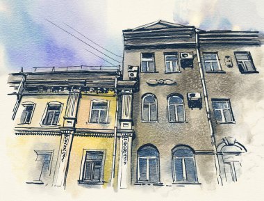 Şehir manzarası. Ön cephenin bir parçası. Mürekkep ve suluboya. El çizimi illüstrasyon.