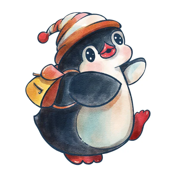 Ilustración Invierno Con Divertido Pingüino Dibujos Animados Con Una Mochila — Foto de Stock