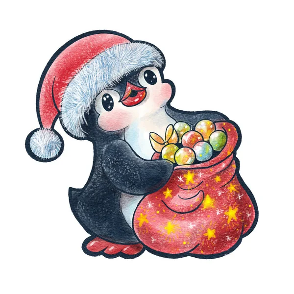 Vinter Illustration Med Roliga Tecknade Pingvin Med Gåvor Isolerade Vit — Stockfoto
