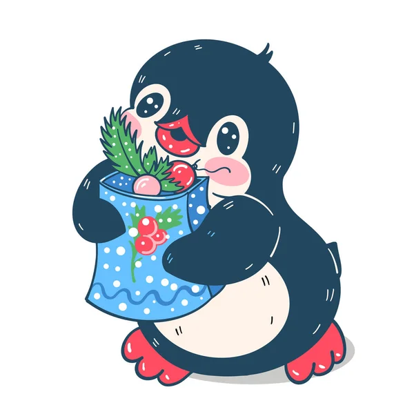 冬天的例证 有趣的卡通企鹅与礼物 — 图库矢量图片