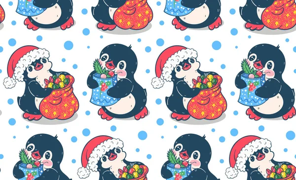 Zökkenőmentes Minta Aranyos Pingvinekkel Kézzel Rajzolt Illusztráció Vektor — Stock Vector