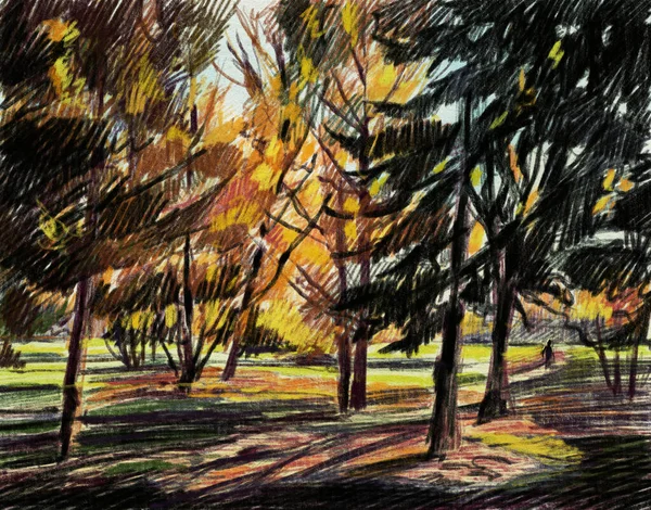 Paysage Automne Avec Arbres Parc Municipal Illustration Avec Crayons Couleur — Photo