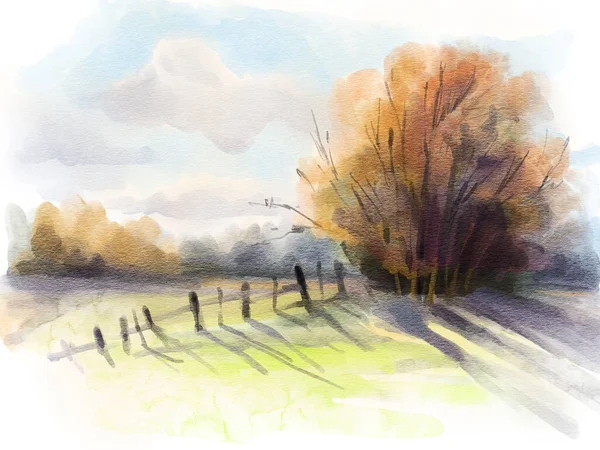 Jesienny Krajobraz Rysunek Akwareli Ilustracja Ręcznie Rysowana — Zdjęcie stockowe