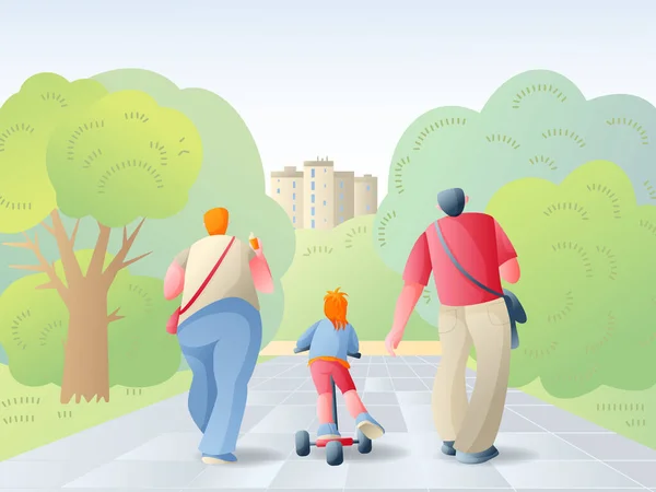 Padre Madre Hija Caminan Parque Ciudad Vacaciones Familiares Verano Ilustración — Archivo Imágenes Vectoriales