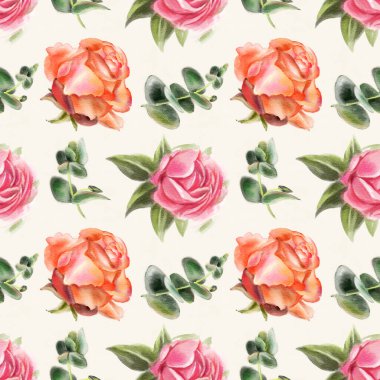 Suluboya güllerle kusursuz desen. El çizimi illüstrasyon. 