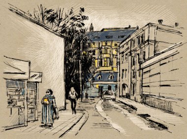 Şehir manzarası. Renkli kalemler ve mürekkeple çizim yap. El çizimi illüstrasyon.