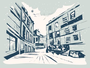 Kışın şehir manzarası. Grafiksel tek renkli mürekkep çizimi. Vektör illüstrasyonu