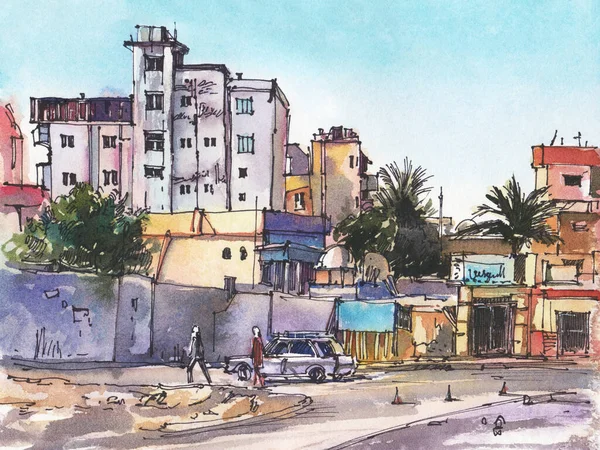 City landscape. Egypt.  A sketch with watercolor. Hand-drawn illustration.