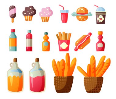 Beyaz arka planda izole edilmiş bir grup fast food etiketi. Vektör illüstrasyonu