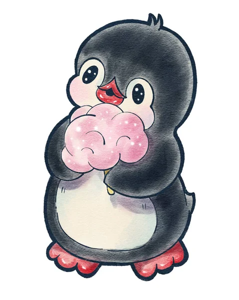 Illusztráció Egy Aranyos Pingvinnel Vattacukorral Fehér Alapon Elszigetelve Kézzel Rajzolt — Stock Fotó