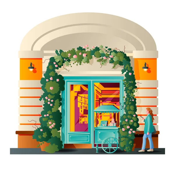 Exterior Una Pastelería Una Joven Paisaje Ciudad Ilustración Vectorial — Vector de stock