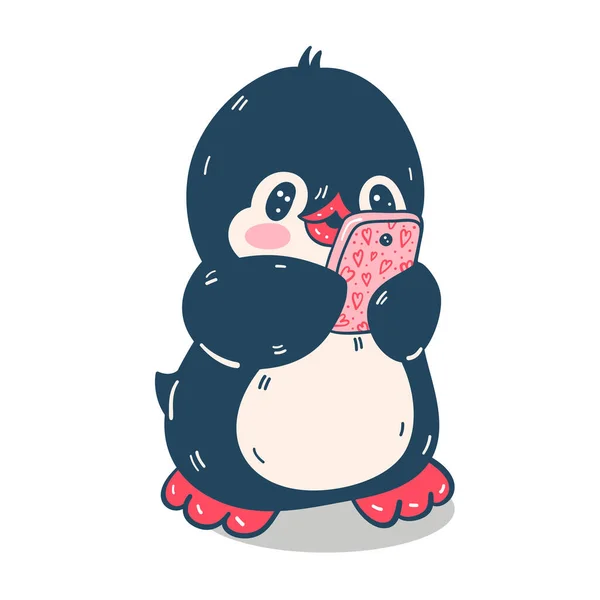 Illustrazione Con Simpatico Pinguino Con Telefono Isolato Uno Sfondo Bianco — Vettoriale Stock