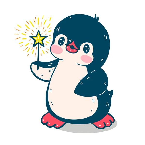 Zimní Ilustrace Vtipný Kreslený Tučňák Kouzelnou Hůlkou Vektor — Stockový vektor