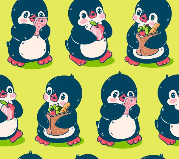 Patrón Sin Costuras Con Pingüinos Lindos Ilustración Hecha Mano Vector — Vector de stock