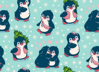 Şirin penguenlerle kusursuz desen. Elle çizilmiş illüstrasyon. Vektör.